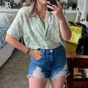 Vintage green summer button down shirt top light checkered floral A